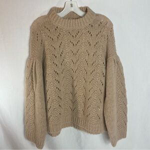Kate Spade Sweater M/L Beige Alpaca Wool Pointelle Mock Neck Minimalist Capsule